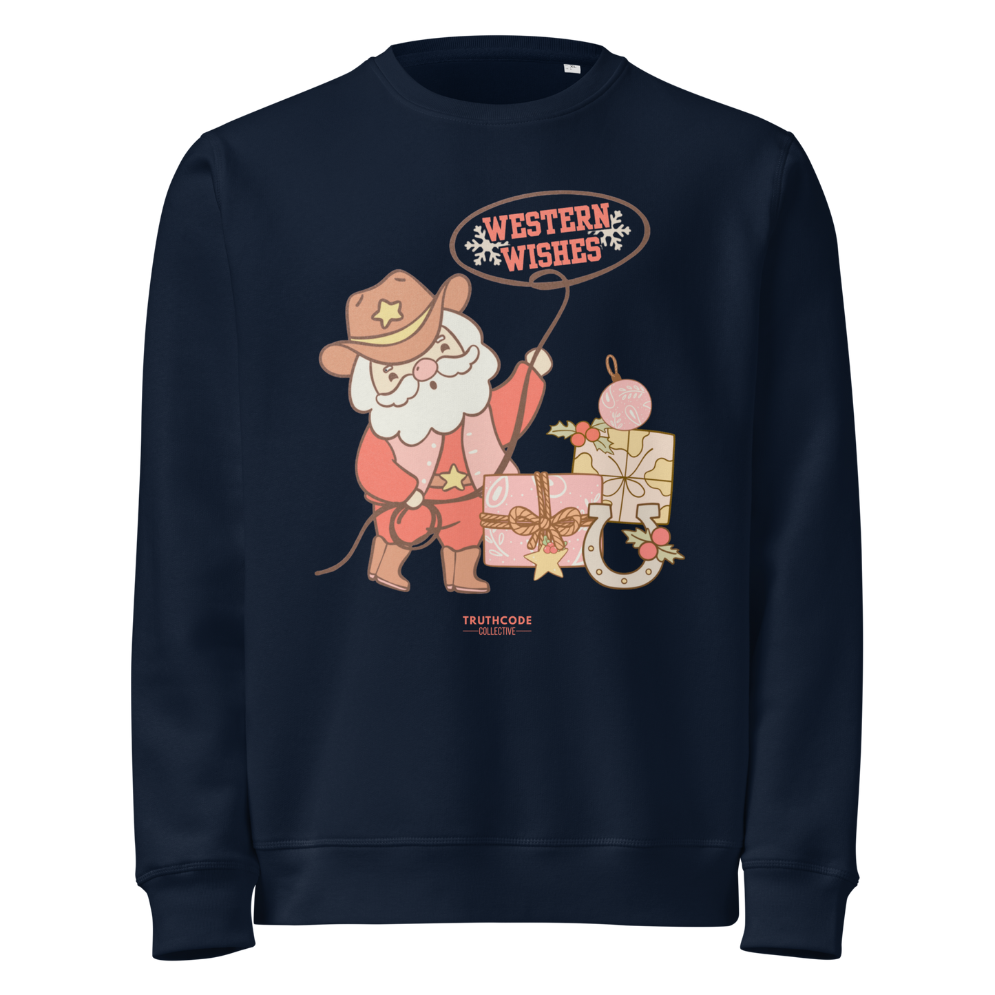 Navy blue organic sweatshirt with a cowboy Santa Claus graphic and 'Western Wishes' text on a white background.