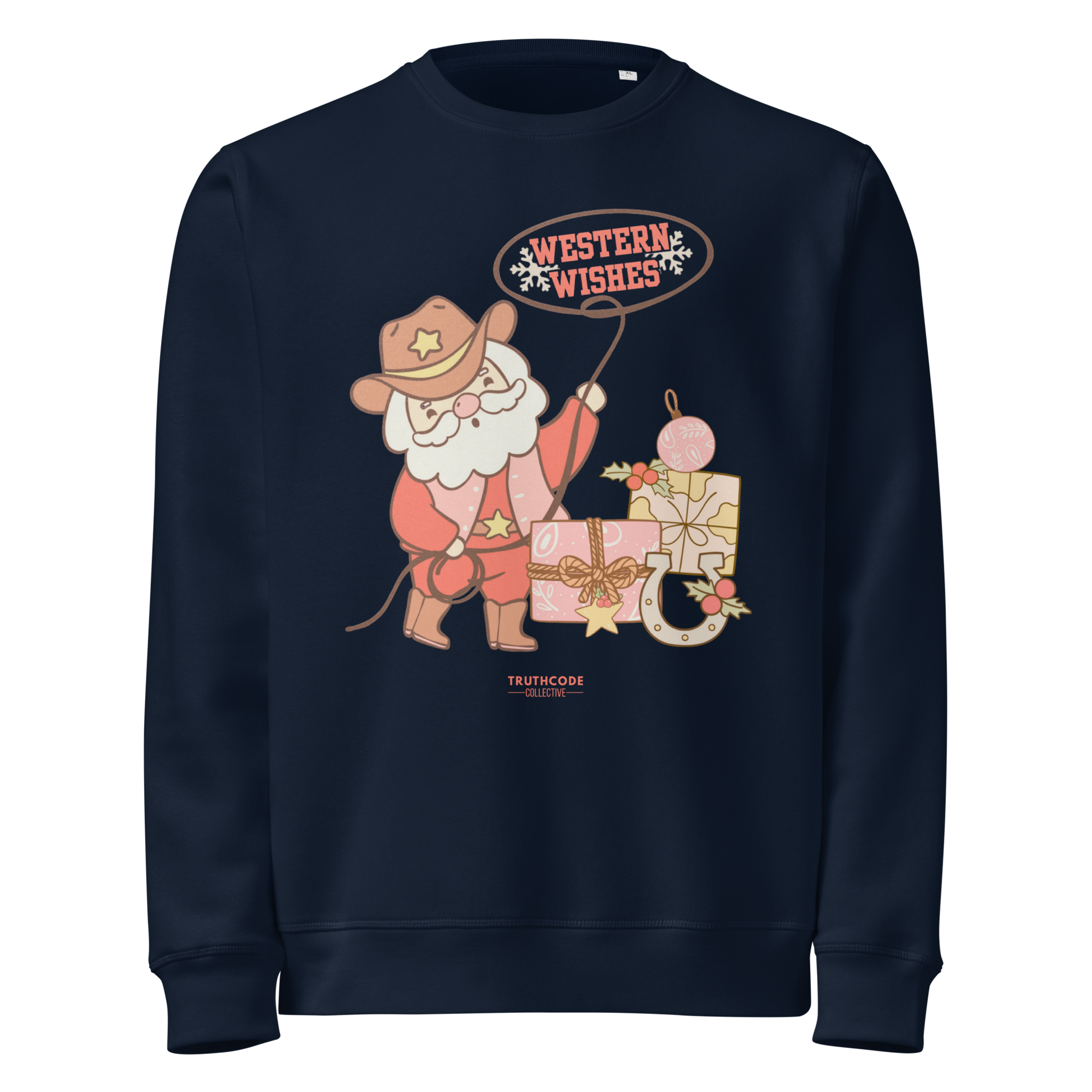 Navy blue organic sweatshirt with a cowboy Santa Claus graphic and 'Western Wishes' text on a white background.