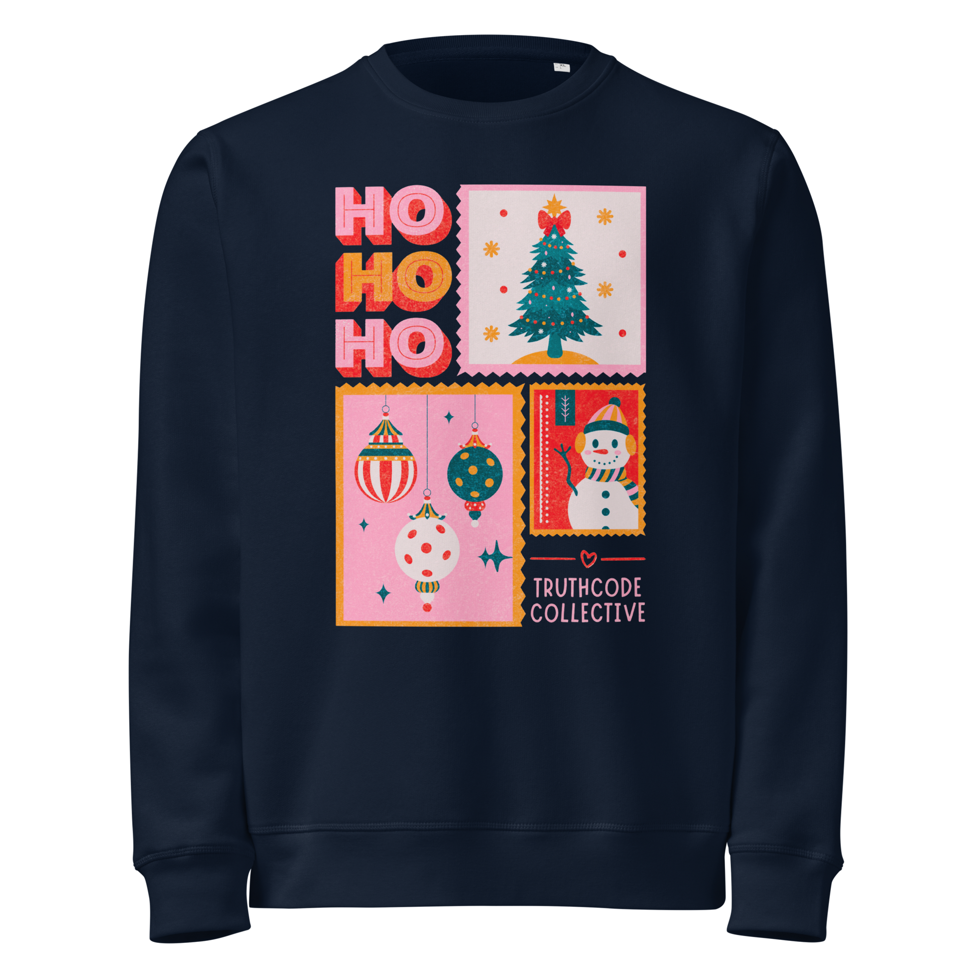 Navy blue organic sweatshirt with Christmas-themed design featuring 'HO HO HO' and Christmas postcard style graphic design white background.