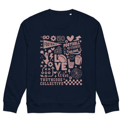 Navy Blue organic sweatshirt with football collage graphic design and 'Football is my favorite season' on a white background