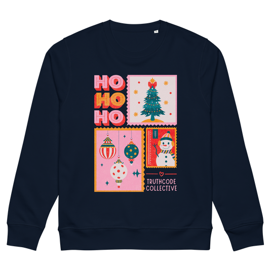 Navy blue sweatshirt with Christmas-themed graphics and 'HO HO HO' text on a white background