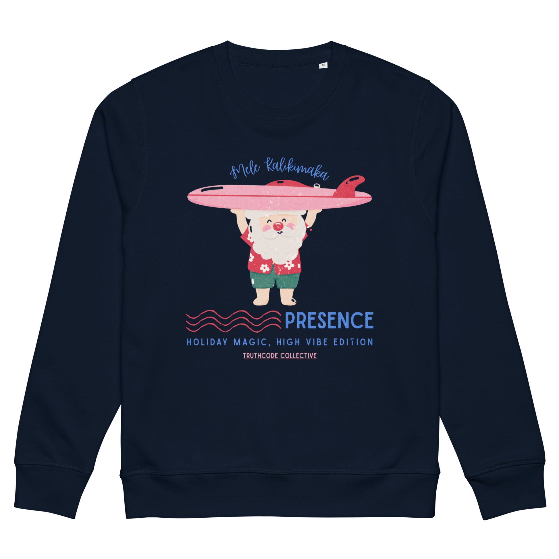 Navy blue sweatshirt with a cartoon character holding a pink surfboard and text on a white background