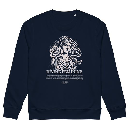 Navy blue organic sweatshirt with a graphic of a woman holding roses and text 'Divine Feminine' on a white background.