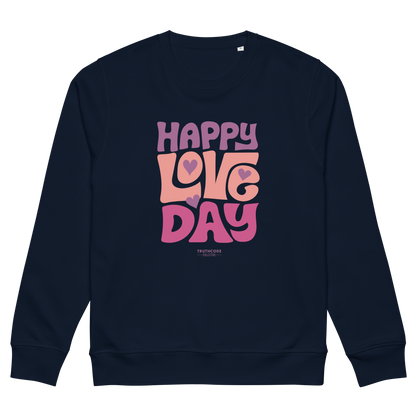 Navy blue organic sweatshirt with 'Happy Love Day' text in pink and purple on a white background