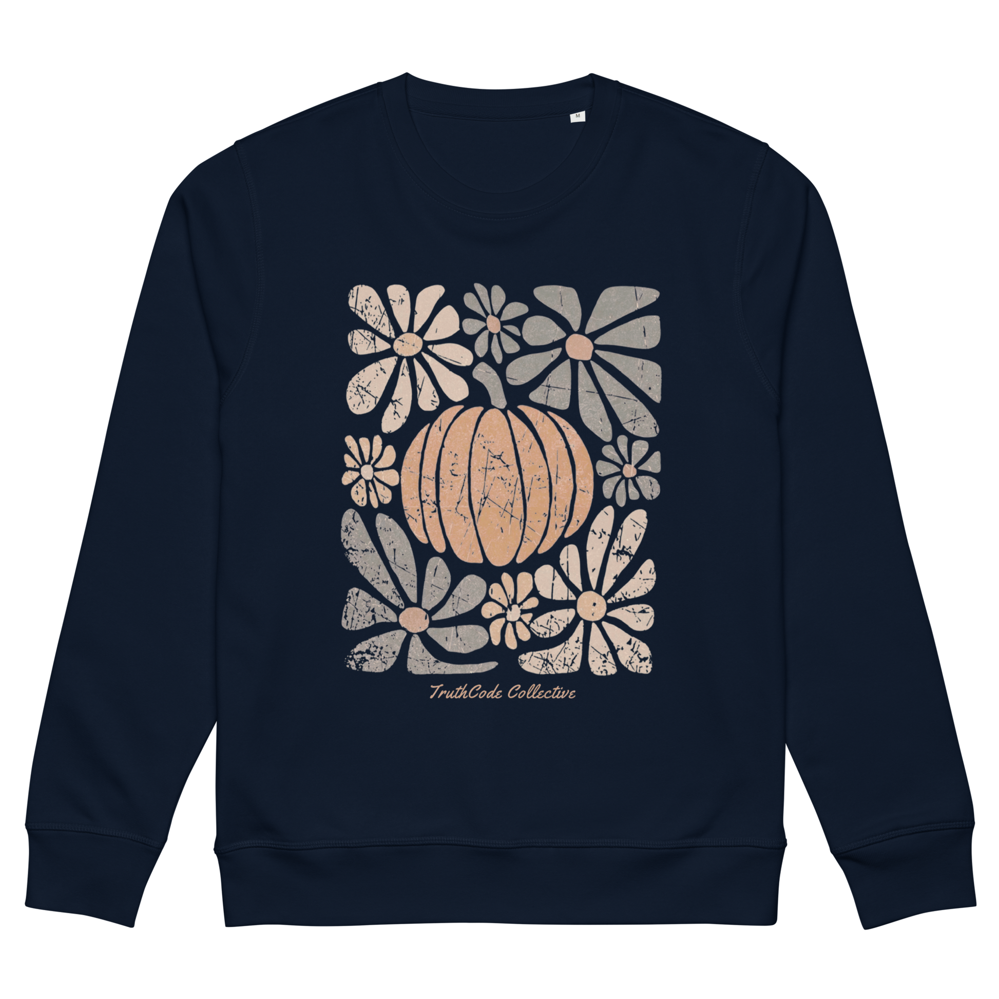 Navy blue organic sweatshirt with a pumpkin and floral design on a white background