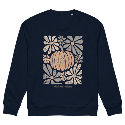 Navy blue organic sweatshirt with a pumpkin and floral design on a white background