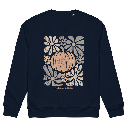 Navy blue organic sweatshirt with a pumpkin and floral design on a white background
