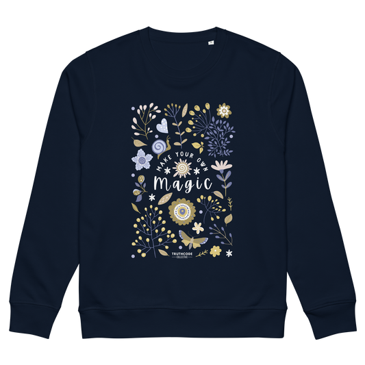 Navy blue organic sweatshirt with floral design and text 'Make your own magic' on a white background