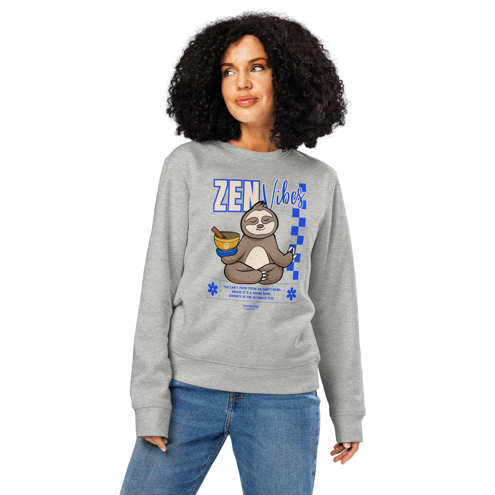 Woman wearing gray organic sweatshirt with a sloth graphic and 'Zen Vibes' text on a white background