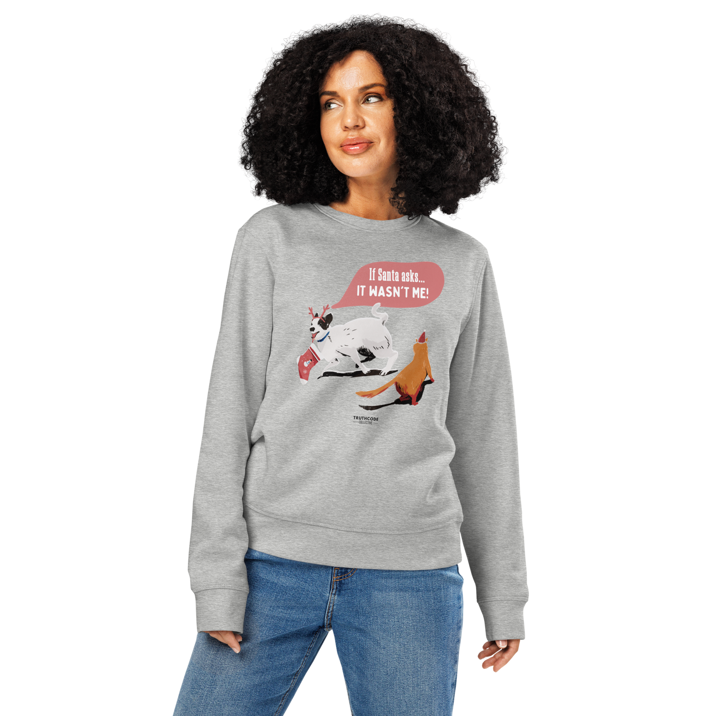 Person wearing a gray sweatshirt with a graphic design on a white background