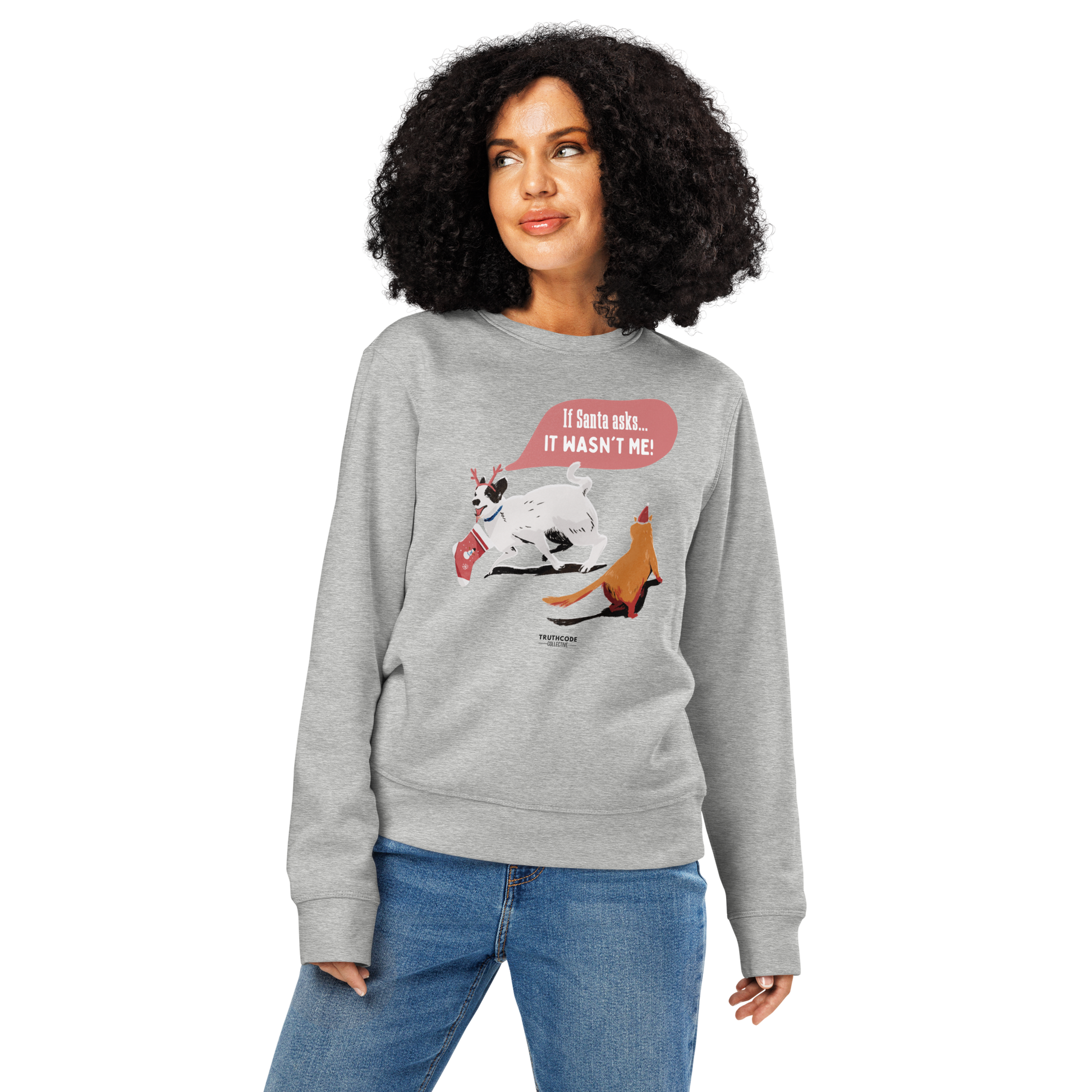 Person wearing a gray sweatshirt with a graphic design on a white background