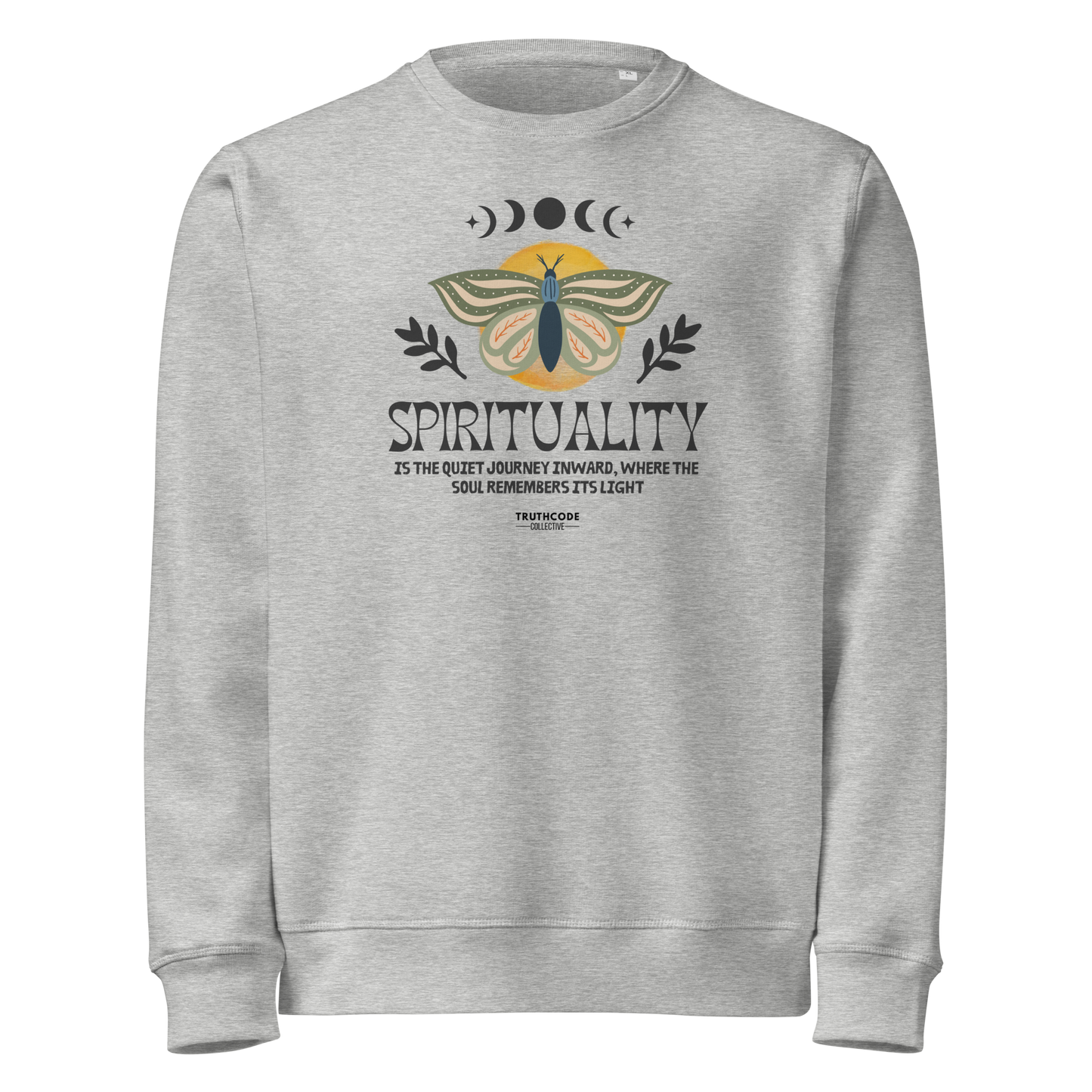 Gray organic sweatshirt with a butterfly design and text 'Spirituality is the quiet journey inward, where the soul remembers it's light' on a white background