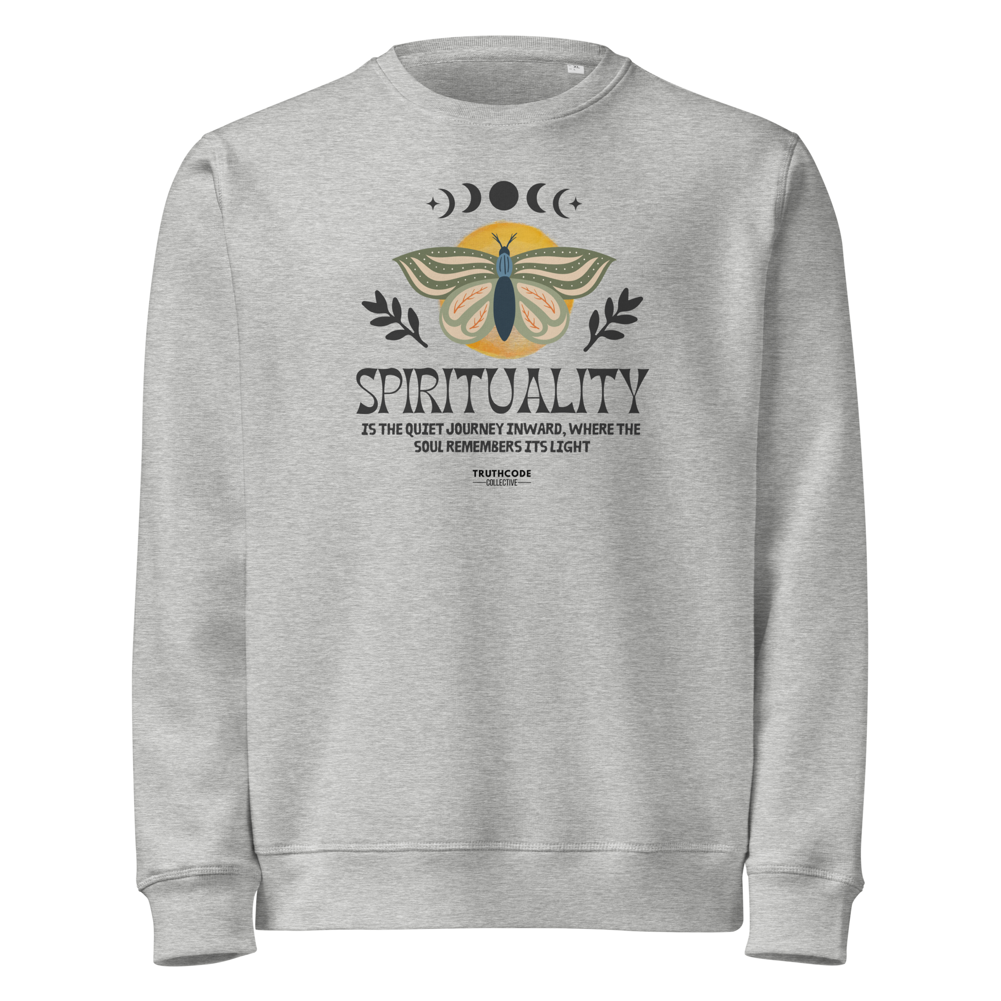 Gray organic sweatshirt with a butterfly design and text 'Spirituality is the quiet journey inward, where the soul remembers it's light' on a white background
