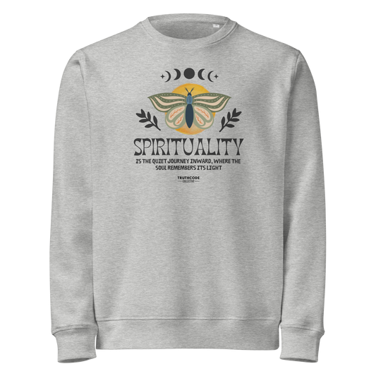 Gray organic sweatshirt with a butterfly design and text 'Spirituality is the quiet journey inward, where the soul remembers it's light' on a white background