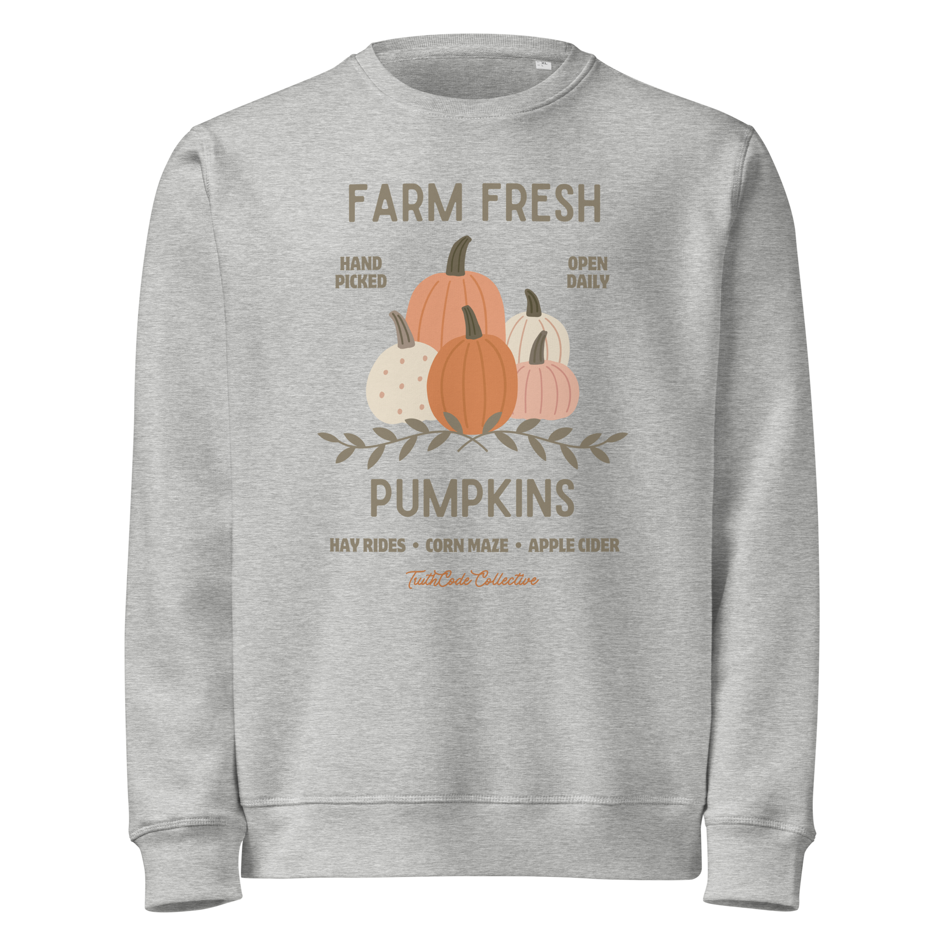 Gray organic sweatshirt with 'Farm Fresh Pumpkins' text and pumpkin graphic design on a white background