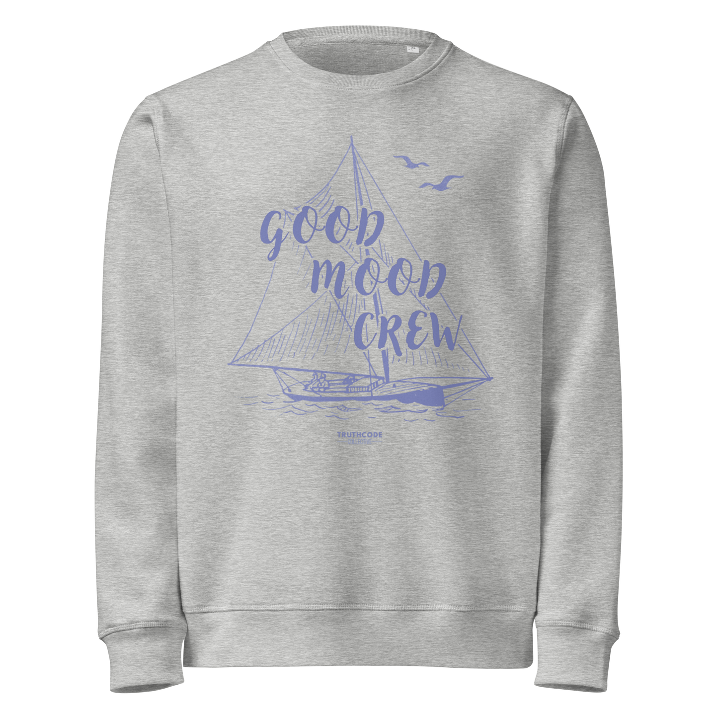 Gray organic sweatshirt with a sailboat graphic and 'good mood crew' text on a white background