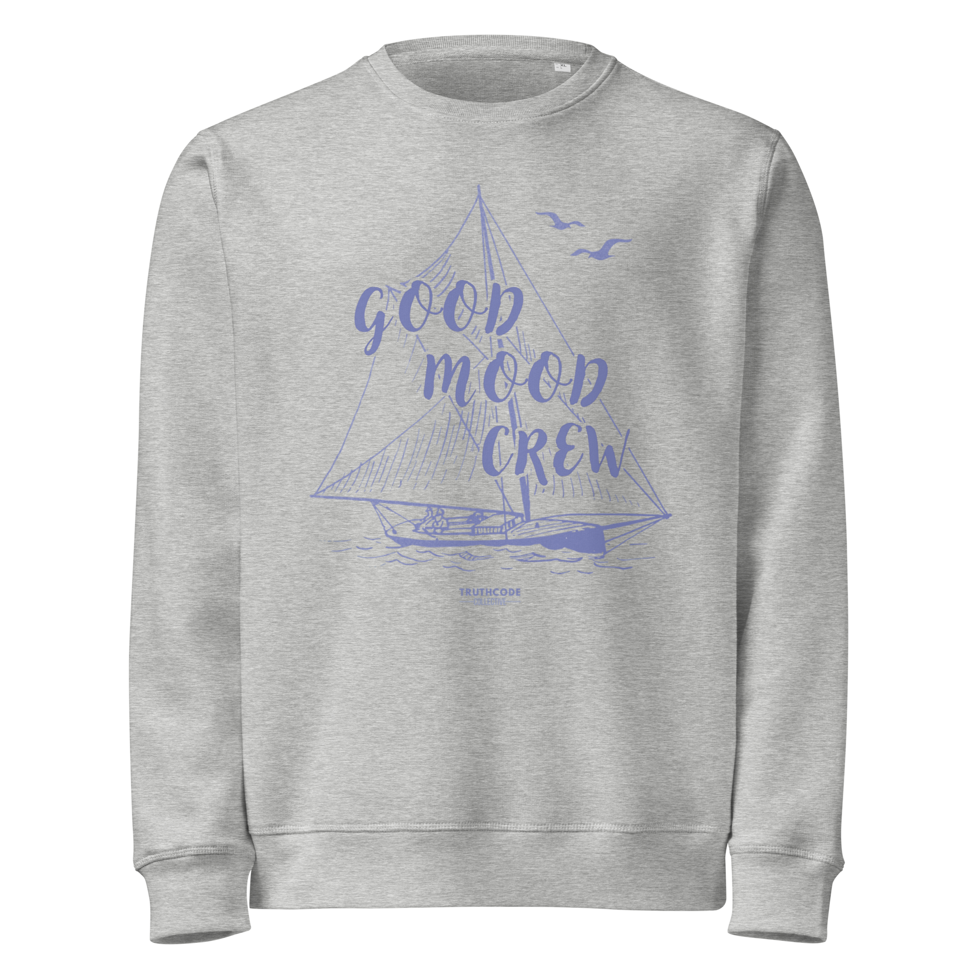 Gray organic sweatshirt with a sailboat graphic and 'good mood crew' text on a white background