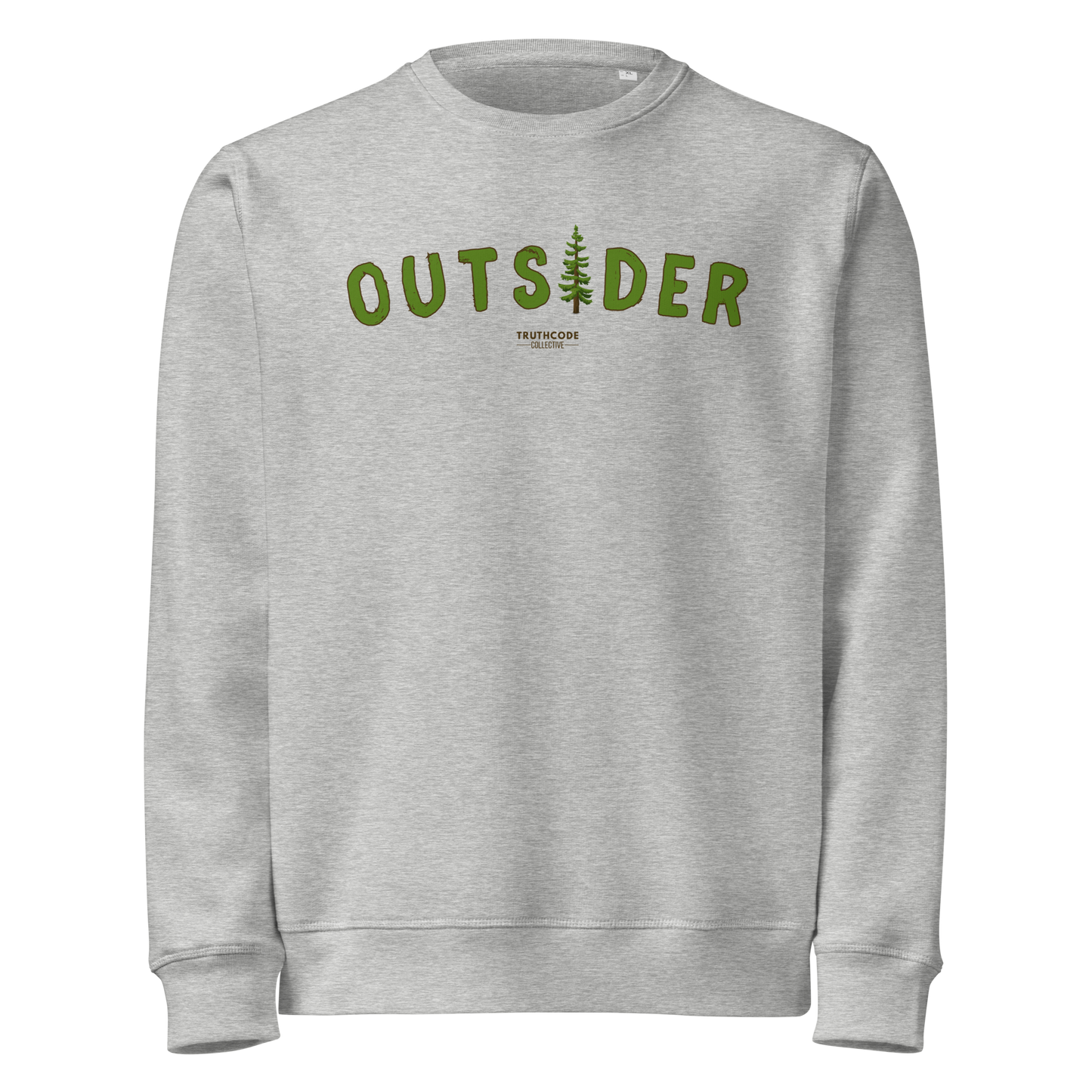 Gray organic sweatshirt with 'OUTSIDER' text and evergreen tree graphic on a white background