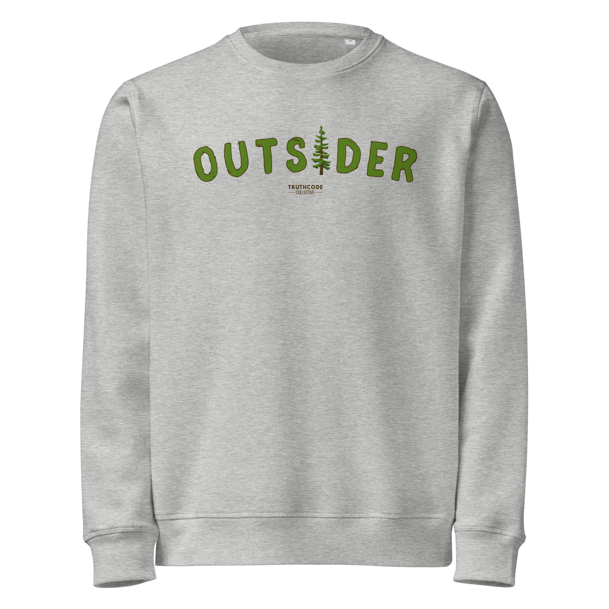 Gray organic sweatshirt with 'OUTSIDER' text and evergreen tree graphic on a white background