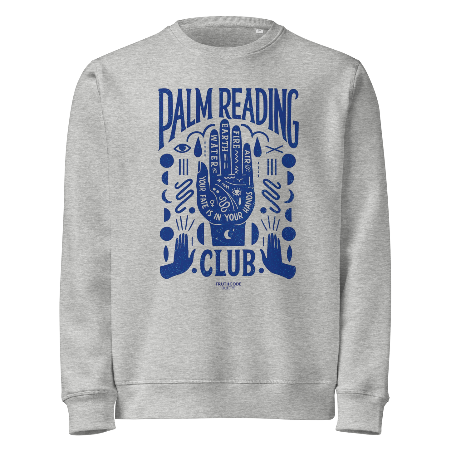 Gray organic sweatshirt with blue palm reading design and text 'Palm reading club' on a white background