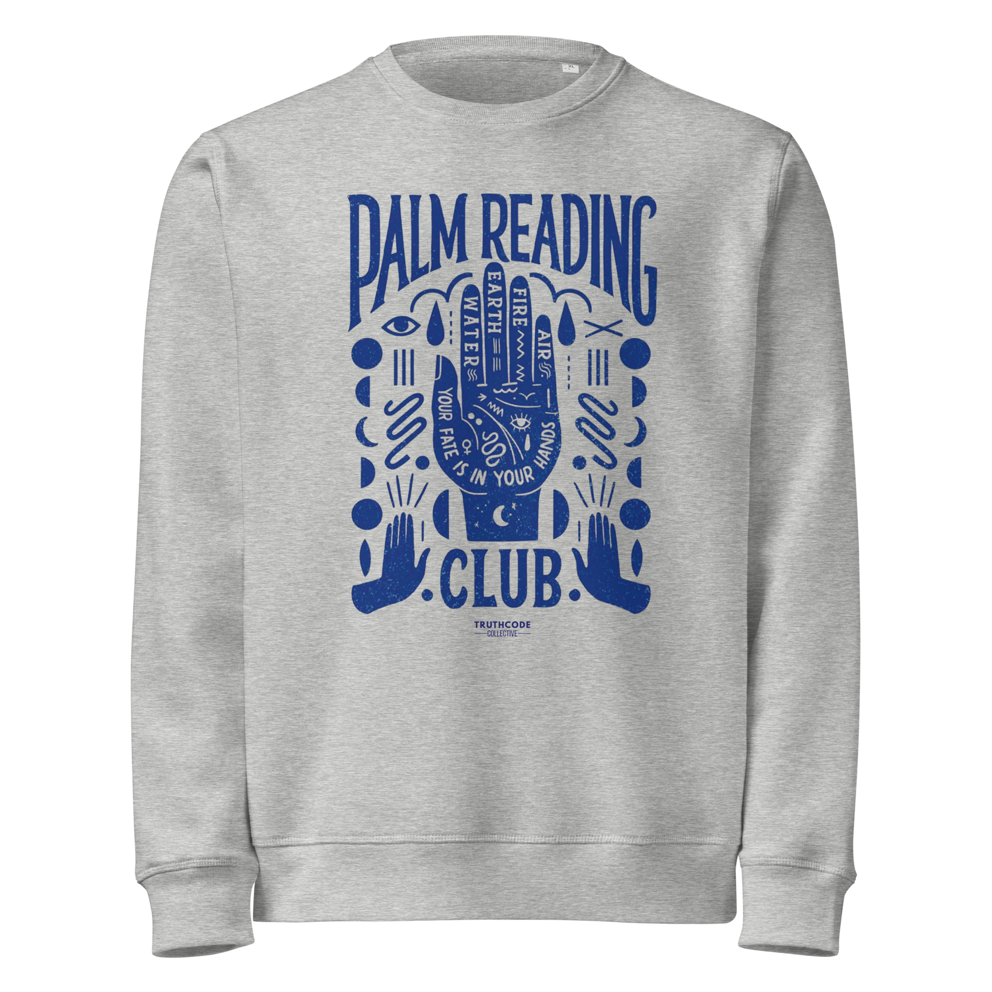 Gray organic sweatshirt with blue palm reading design and text 'Palm reading club' on a white background