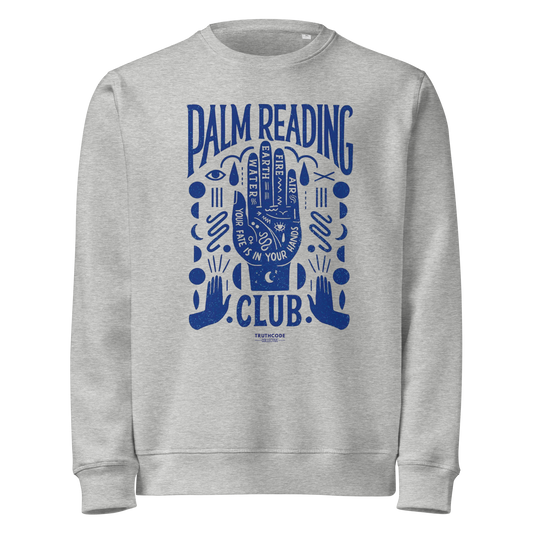 Gray organic sweatshirt with blue palm reading design and text 'Palm reading club' on a white background