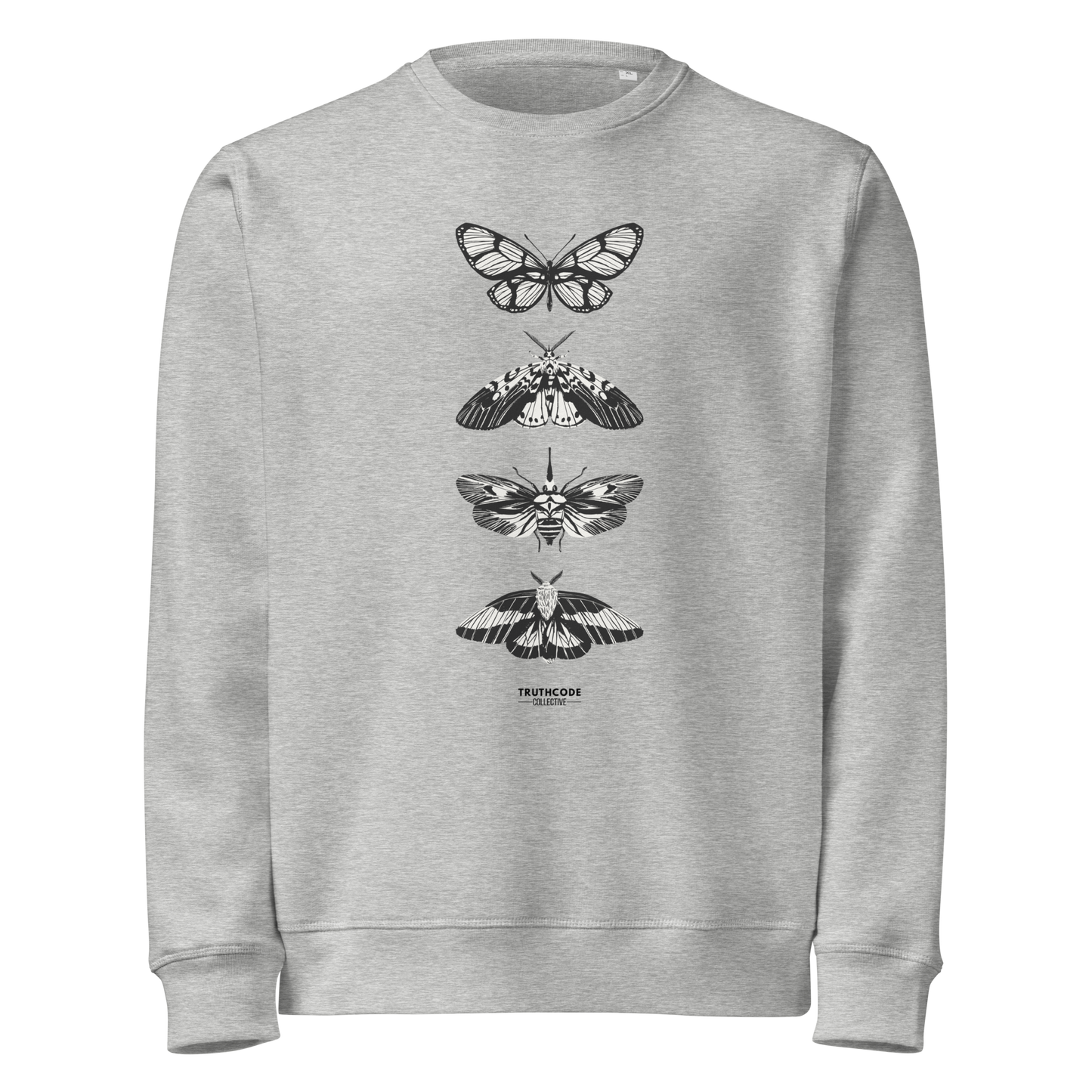Gray organic sweatshirt with various butterfly designs on a white background