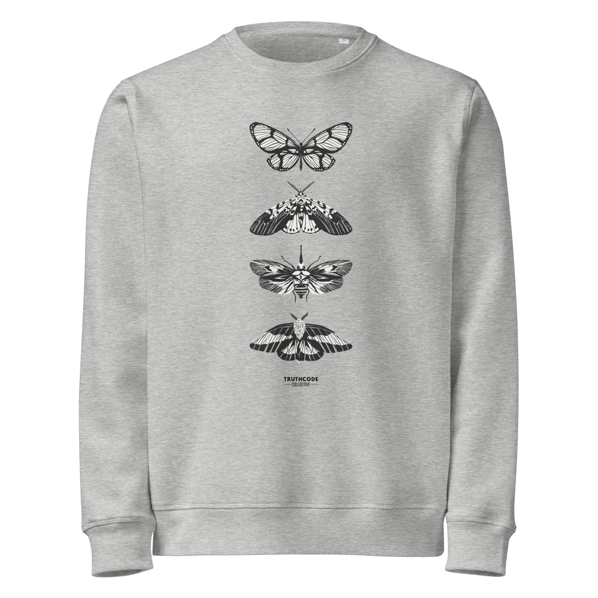 Gray organic sweatshirt with various butterfly designs on a white background