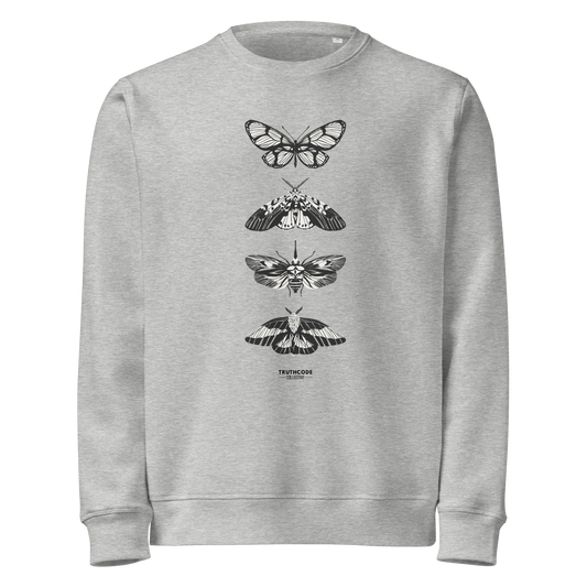 Gray organic sweatshirt with various butterfly designs on a white background