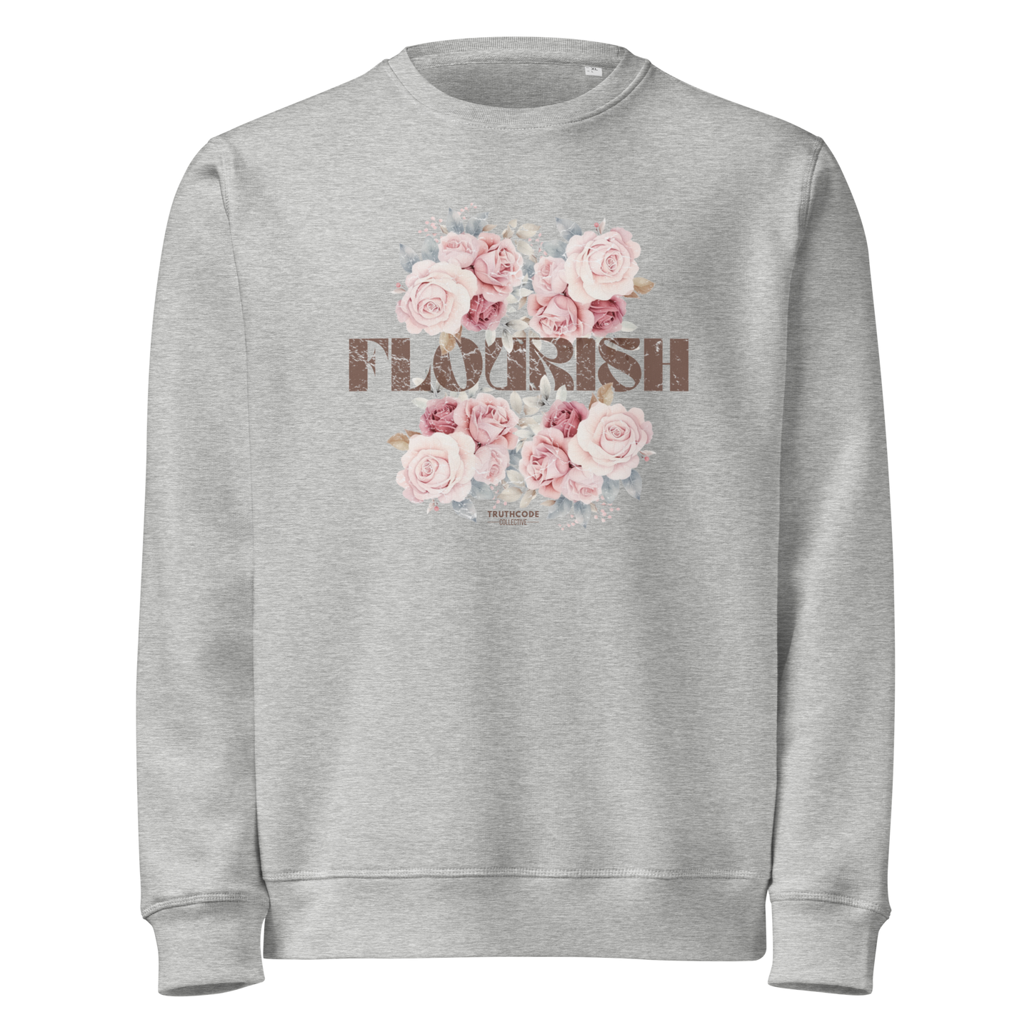 Gray organic sweatshirt with floral design and 'Flourish' text on a white background
