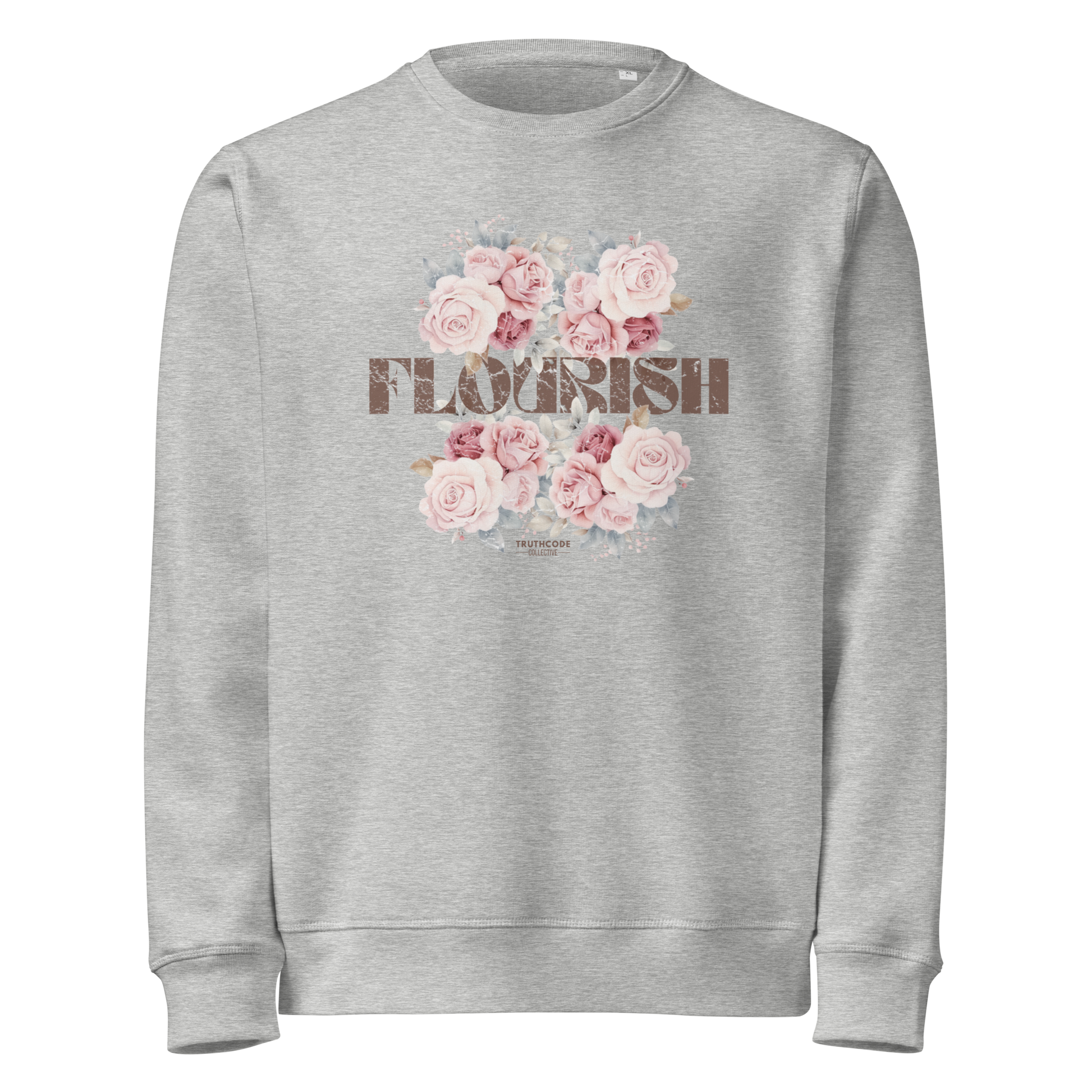 Gray organic sweatshirt with floral design and 'Flourish' text on a white background