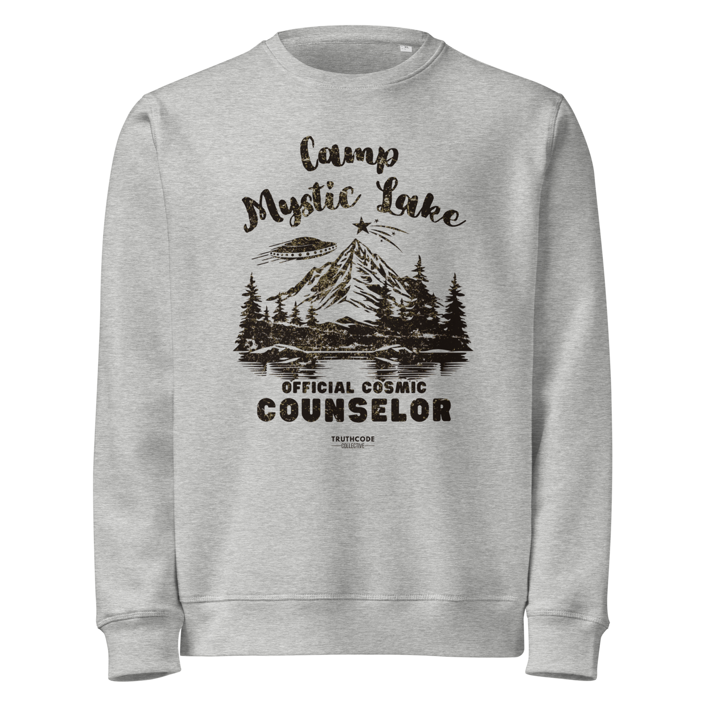 Gray organic sweatshirt with mountain scene and spaceship graphic design and text 'Camp Mystic Lake, official cosmic counselor' on a white background