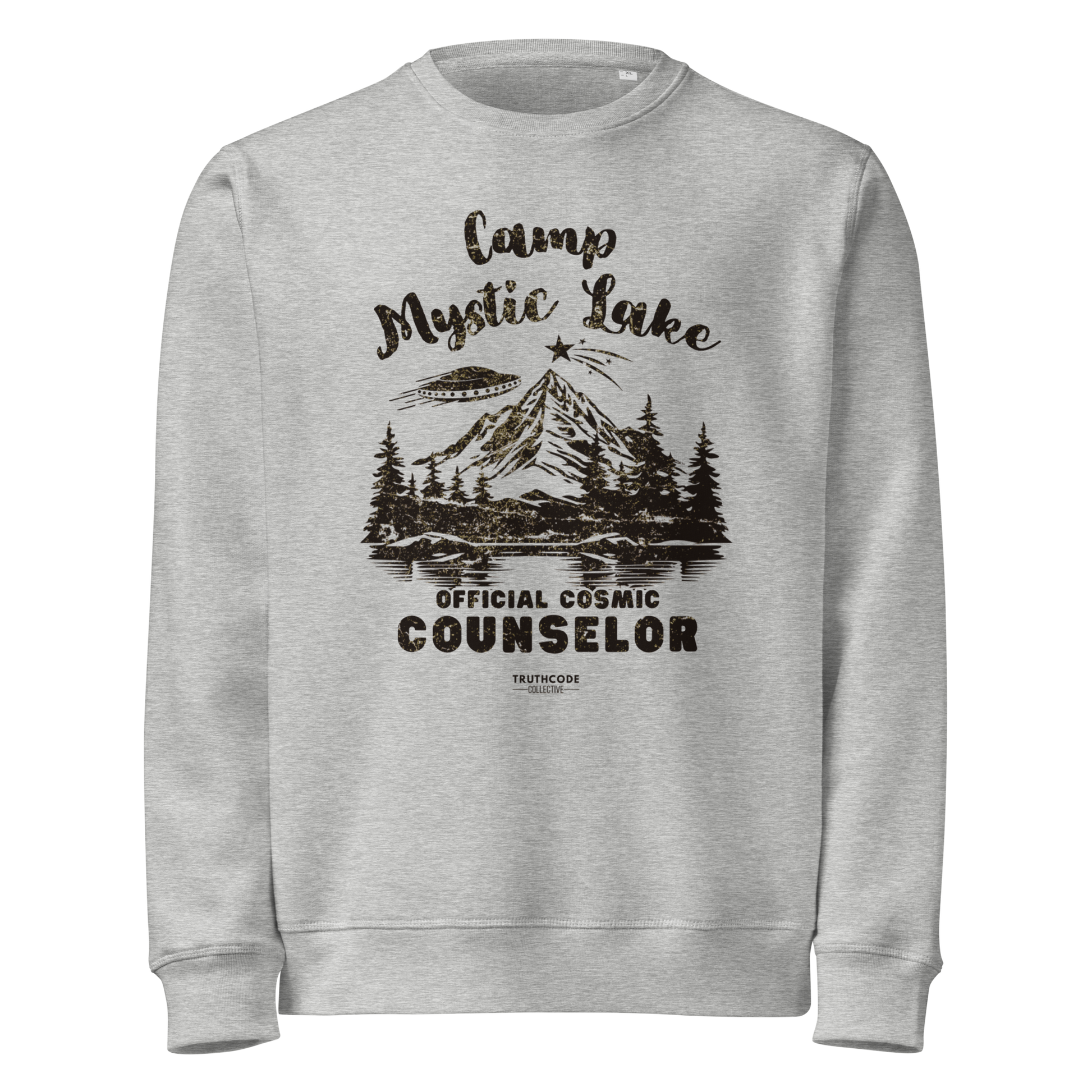 Gray organic sweatshirt with mountain scene and spaceship graphic design and text 'Camp Mystic Lake, official cosmic counselor' on a white background