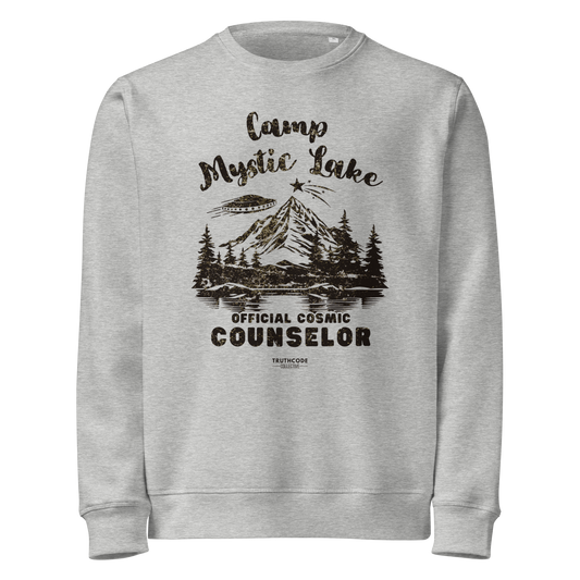 Gray organic sweatshirt with mountain scene and spaceship graphic design and text 'Camp Mystic Lake, official cosmic counselor' on a white background
