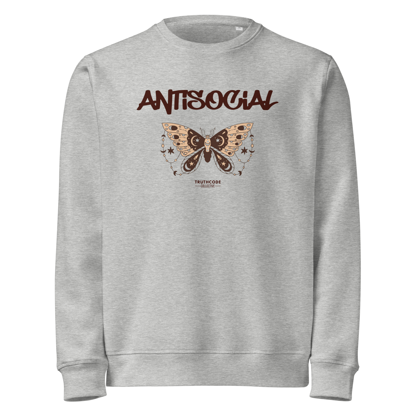 Gray organic sweatshirt with butterfly graphic and 'ANTISOCIAL' text on a white background