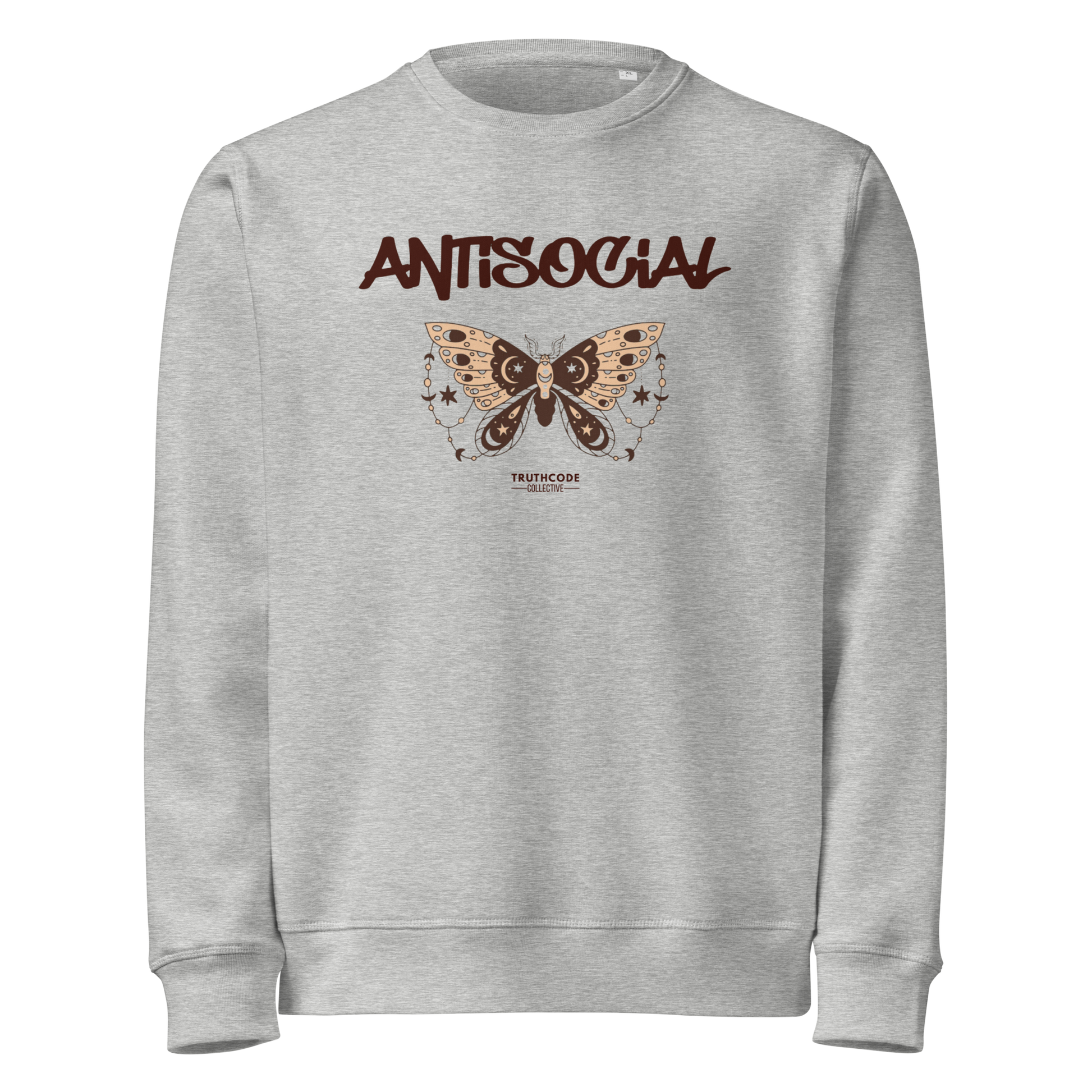 Gray organic sweatshirt with butterfly graphic and 'ANTISOCIAL' text on a white background