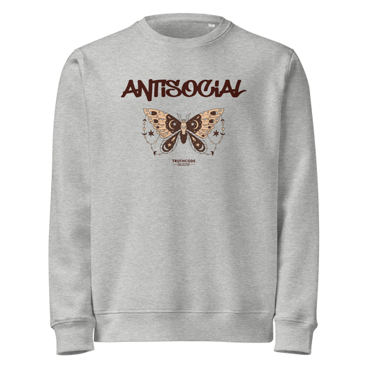 Gray organic sweatshirt with butterfly graphic and 'ANTISOCIAL' text on a white background