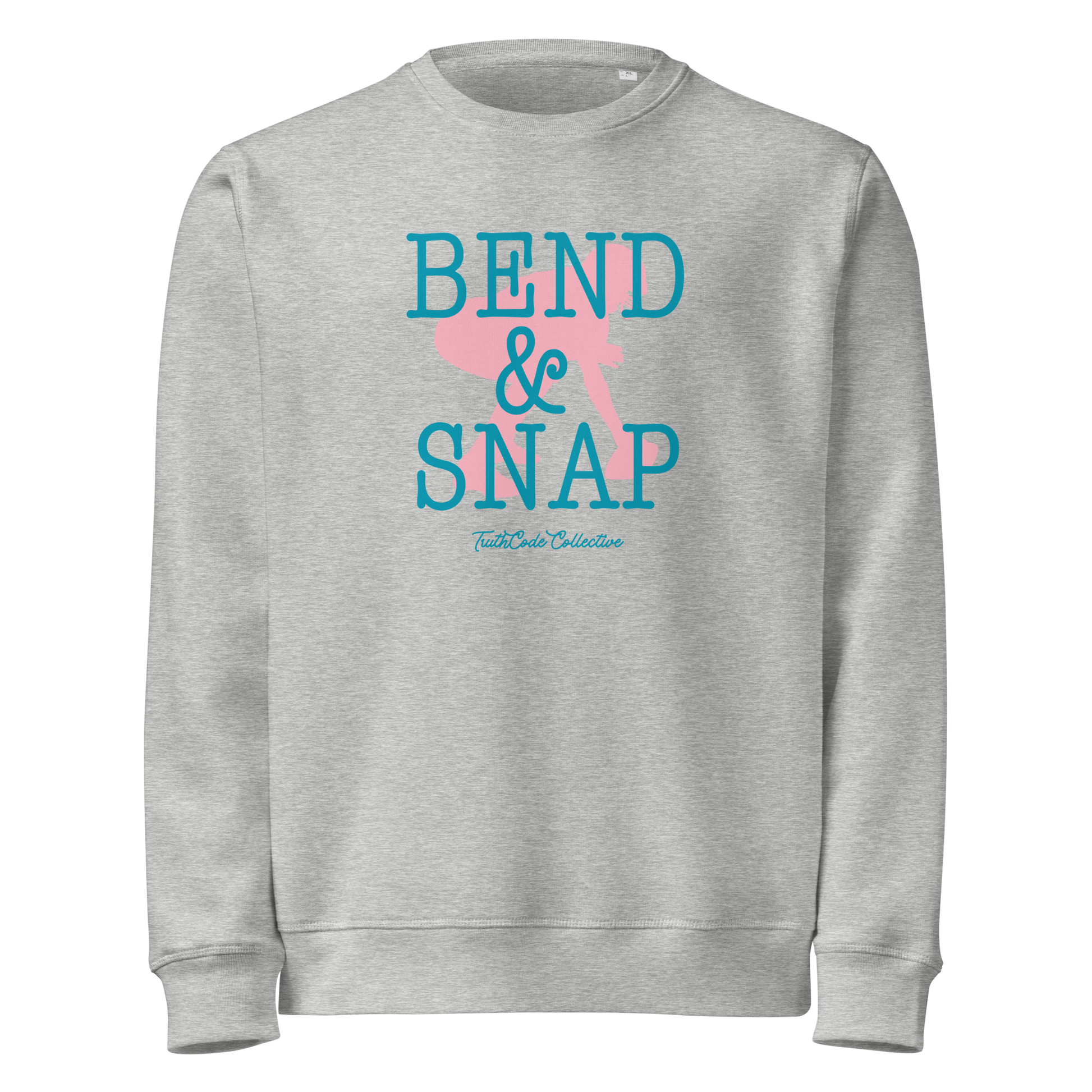 Gray organic sweatshirt with 'Bend & Snap' text and football player snapping football silhouette graphic on a white background