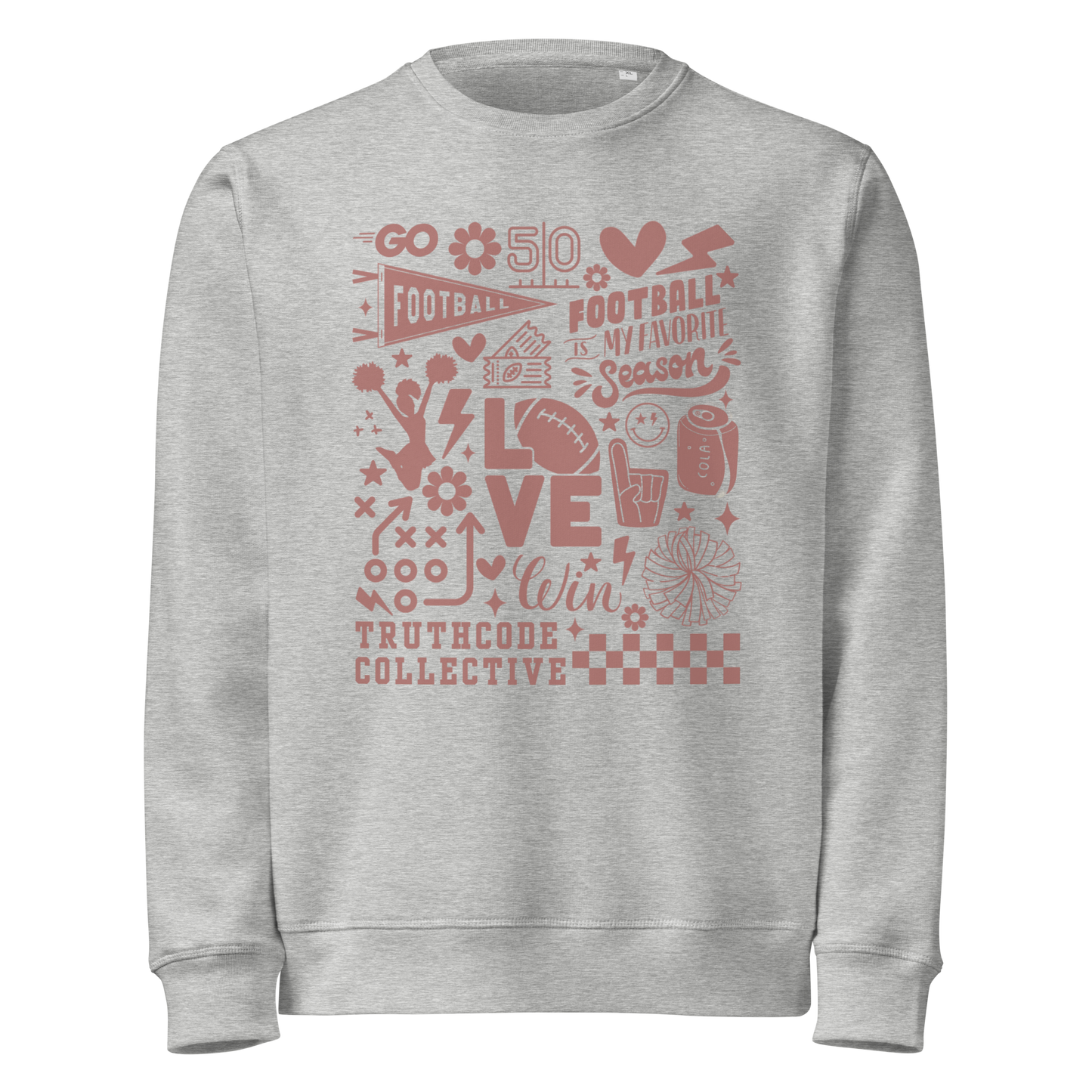 Gray organic sweatshirt with football themed graphics and text 'Football is my favorite season' on a white background