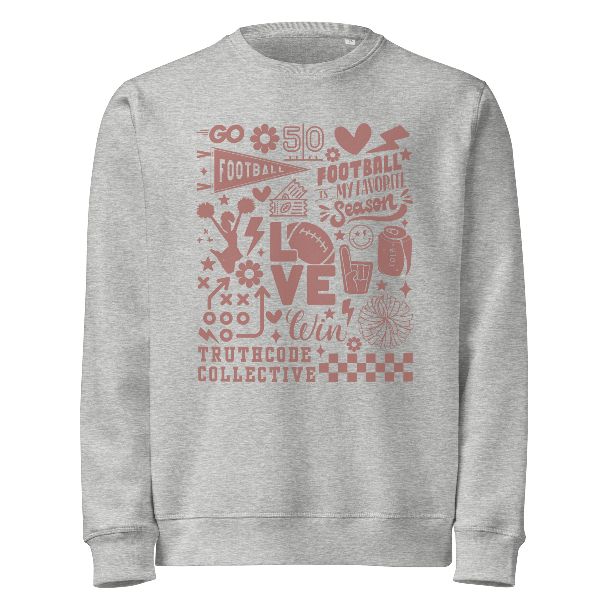 Gray organic sweatshirt with football themed graphics and text 'Football is my favorite season' on a white background