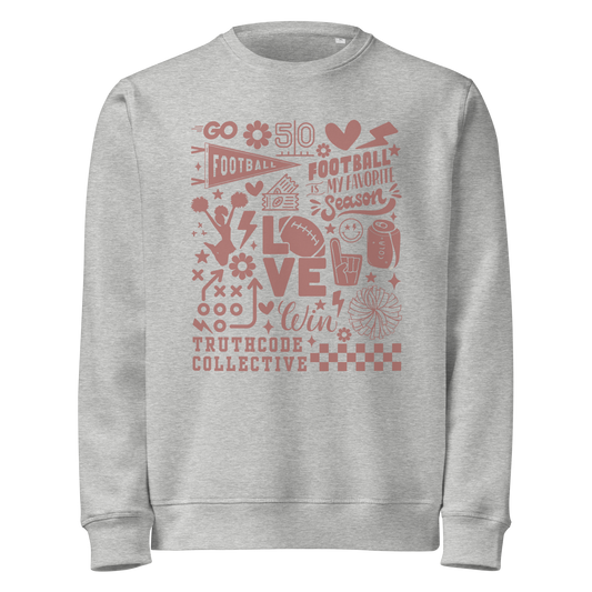 Gray organic sweatshirt with football themed graphics and text 'Football is my favorite season' on a white background