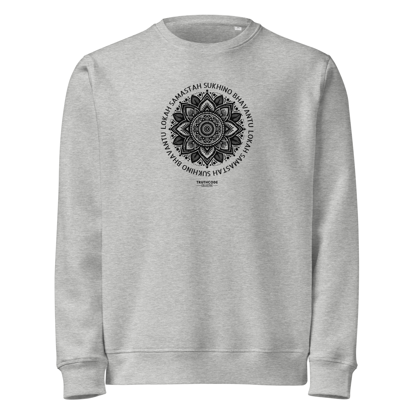 Gray organic sweatshirt with a black mandala design and text on a white background