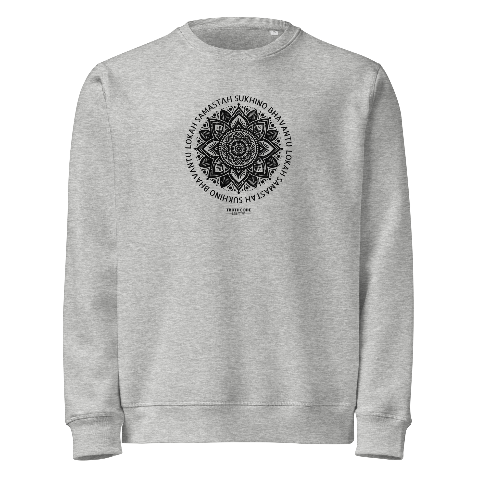 Gray organic sweatshirt with a black mandala design and text on a white background