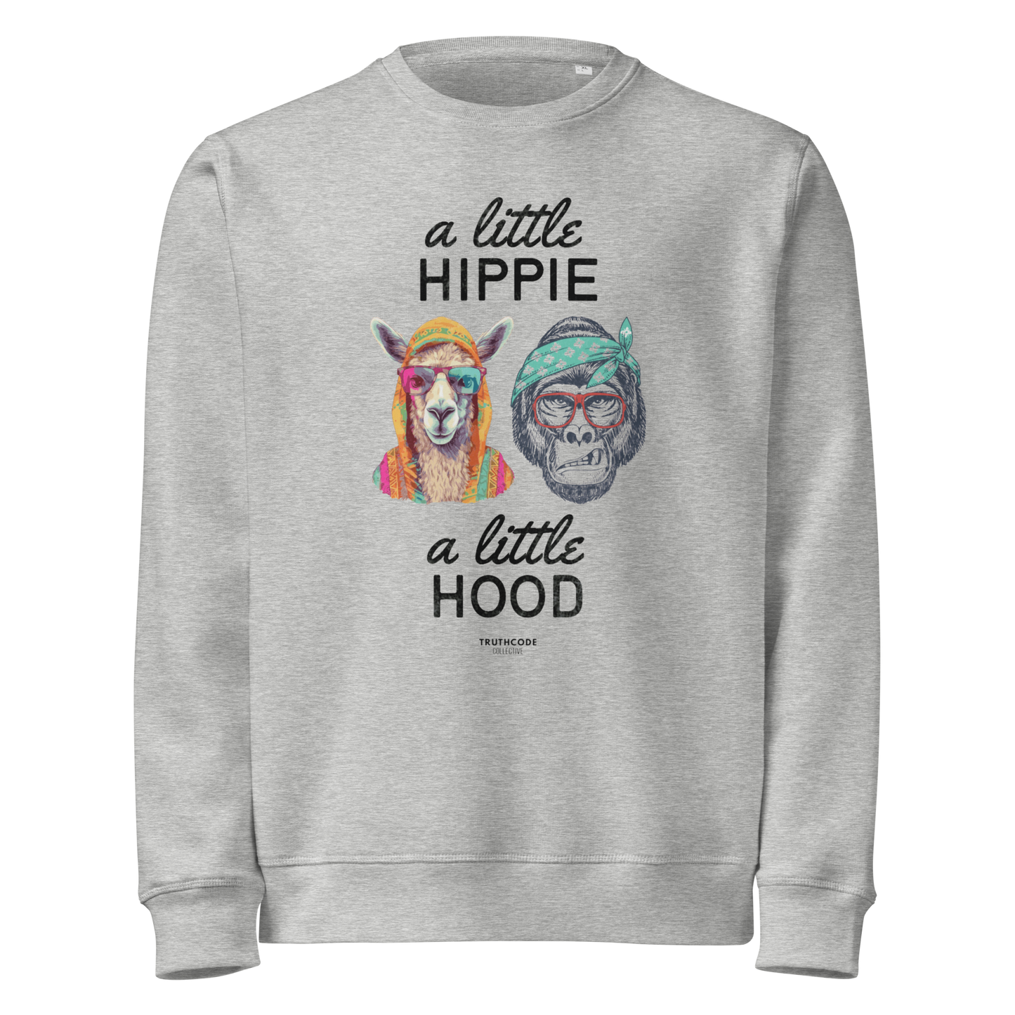Gray organic sweatshirt with a graphic of a llama and monkey wearing headbands and text ' A little hippie, a little hood' on a white background
