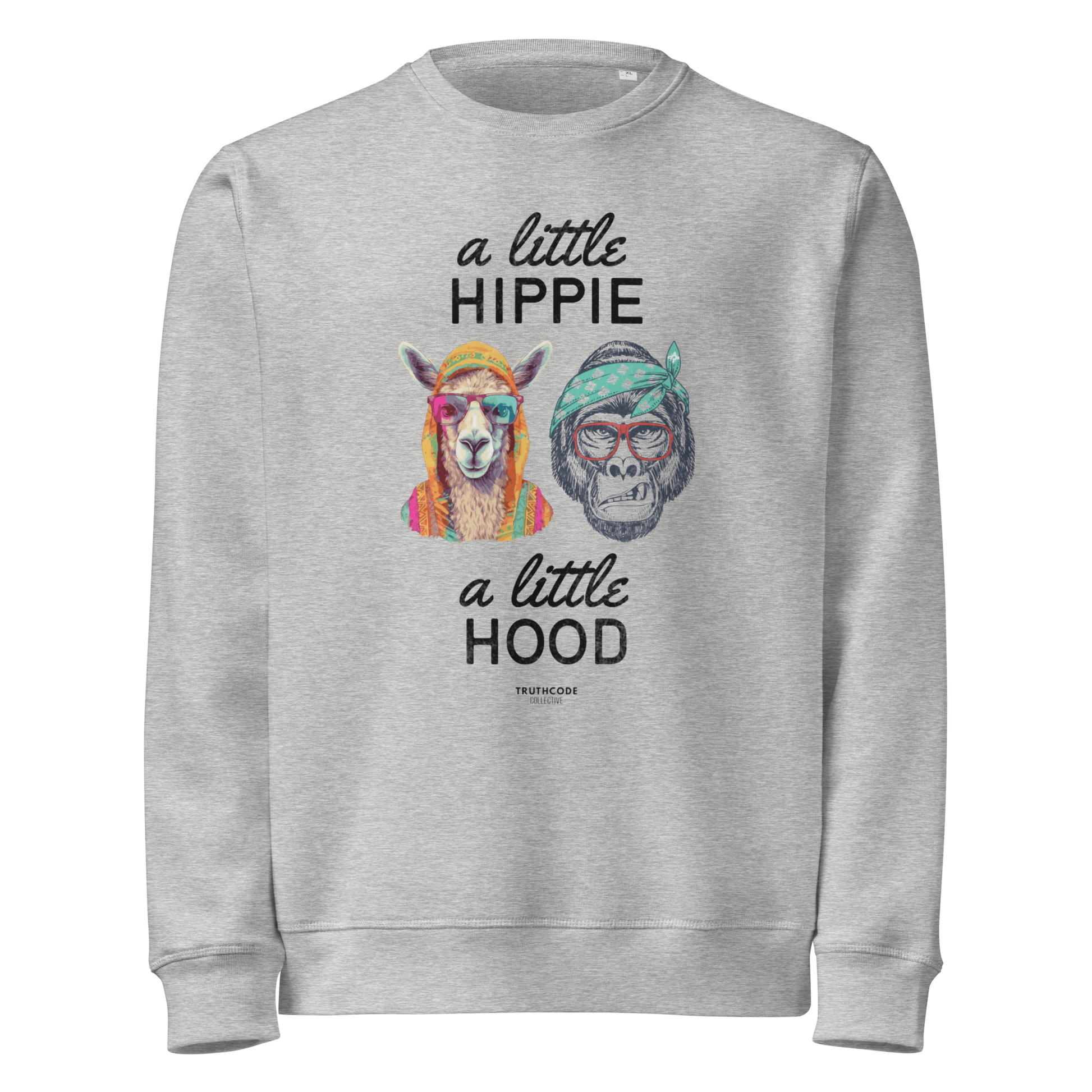 Gray organic sweatshirt with a graphic of a llama and monkey wearing headbands and text ' A little hippie, a little hood' on a white background