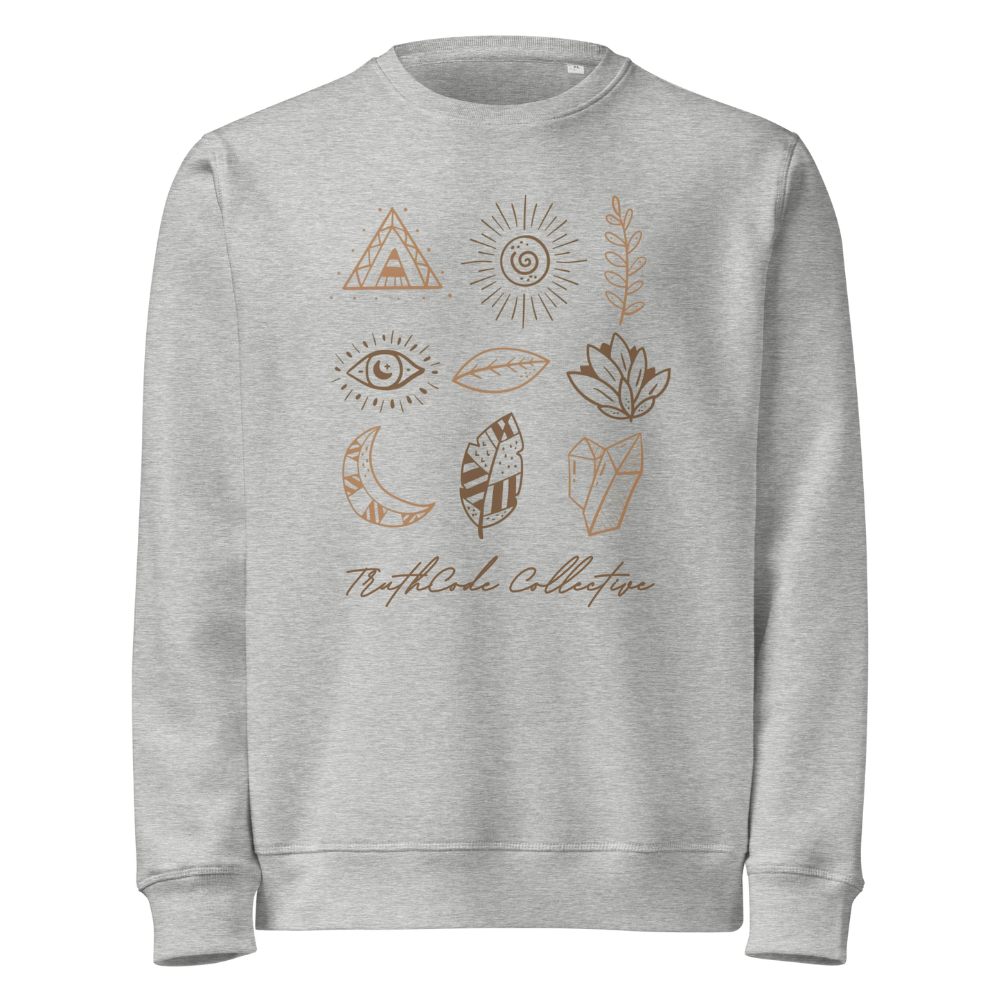 Gray organic sweatshirt with nature-themed graphics and 'TruthCode Collective' text on a white background