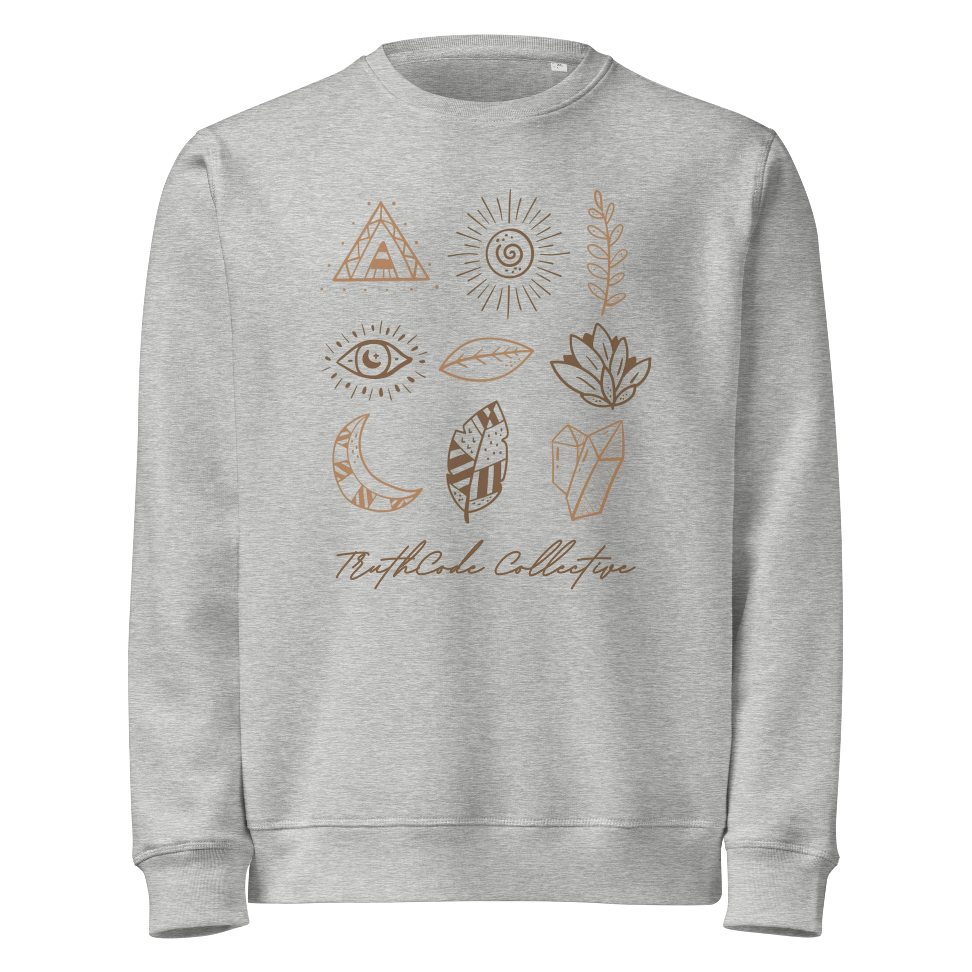 Gray organic sweatshirt with nature-themed graphics and 'TruthCode Collective' text on a white background