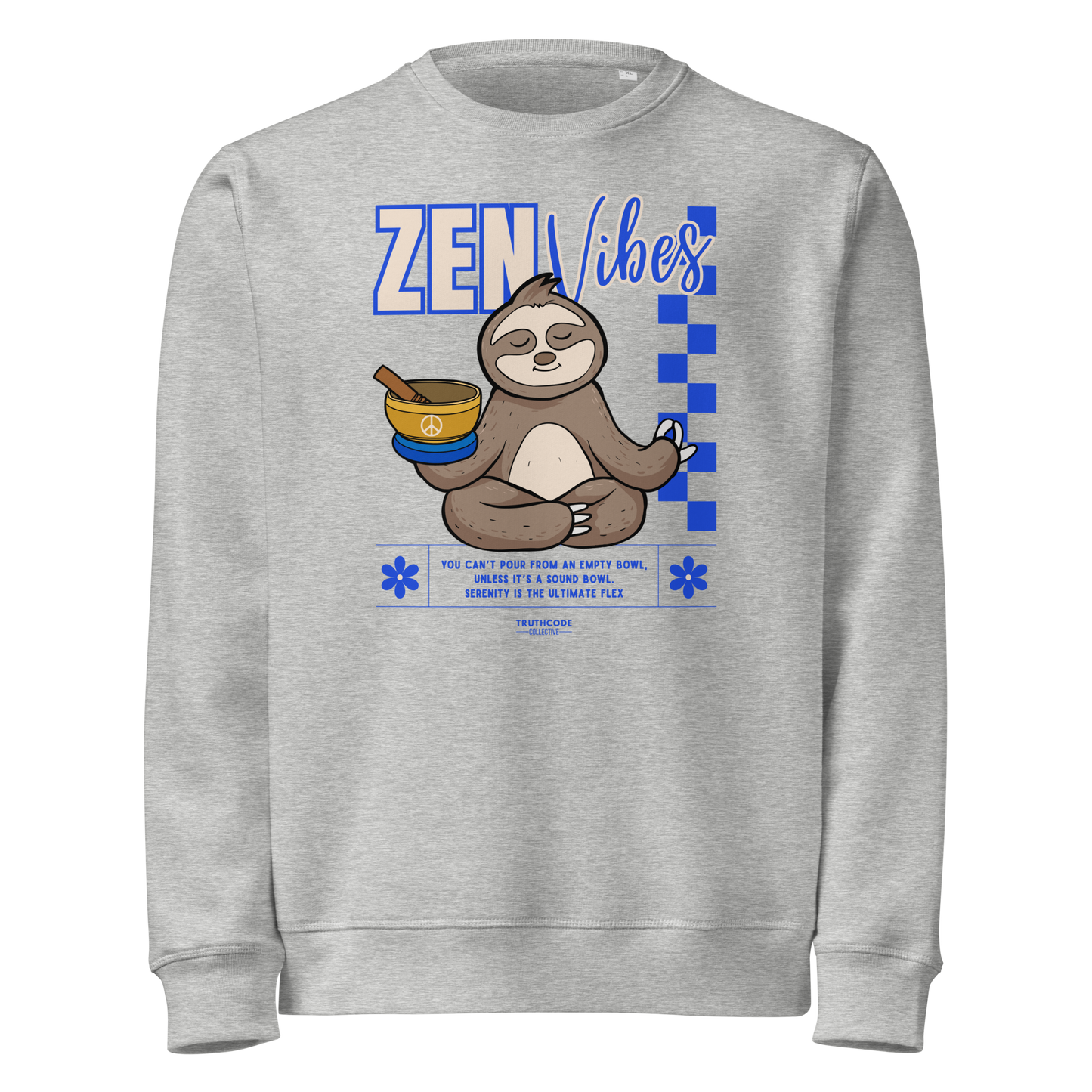 Gray organic sweatshirt with a sloth graphic and 'Zen Vibes' text on a white background