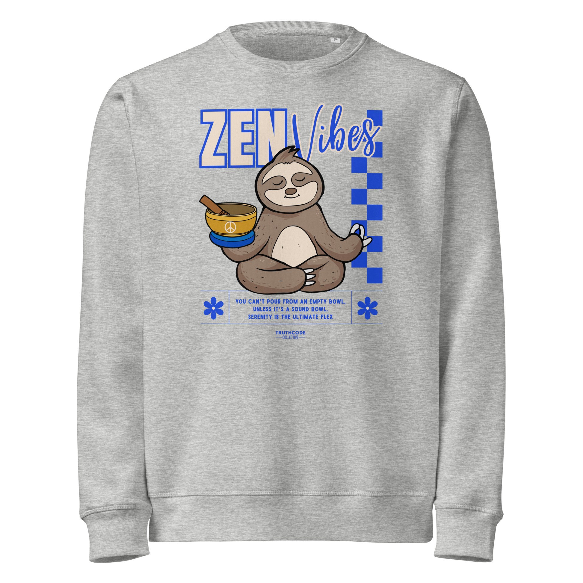 Gray organic sweatshirt with a sloth graphic and 'Zen Vibes' text on a white background