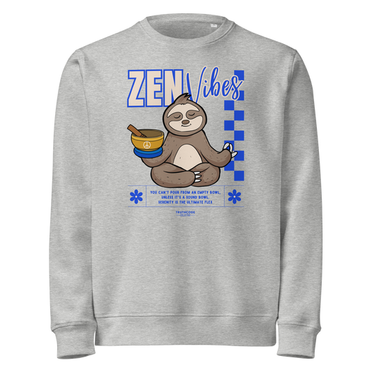Gray organic sweatshirt with a sloth graphic and 'Zen Vibes' text on a white background